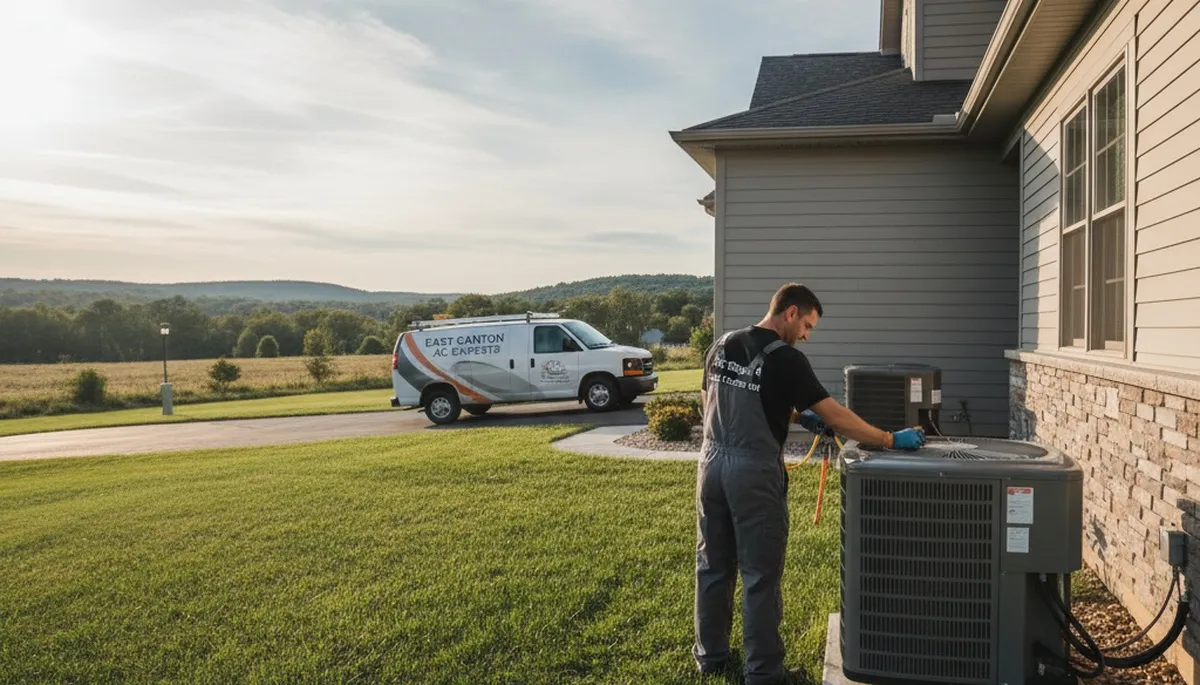 Professional AC repair technician servicing air conditioner unit in Canton, OH