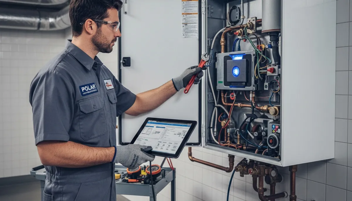 Technician performing boiler repair service at residential home in Canton, OH